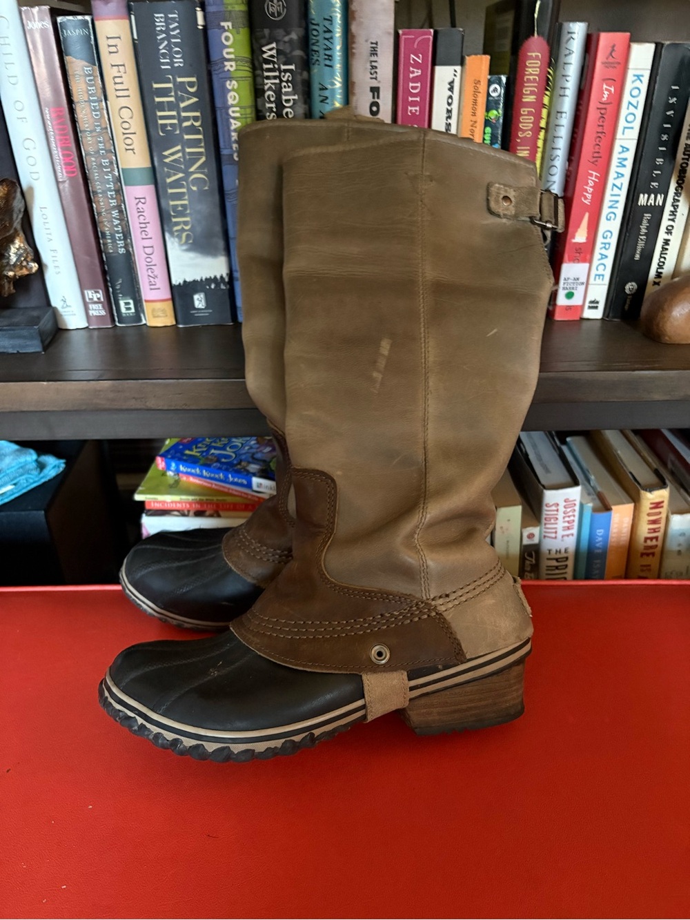 Sorel Two-Tone Brown Leather & Black Rubber Riding Boots